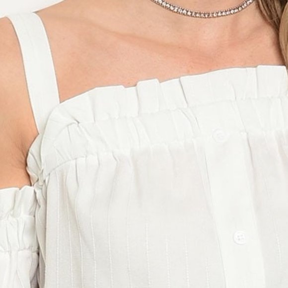 Ruffle Button Detail Cotton Cut Out Shoulder Top - Picture 3 of 8